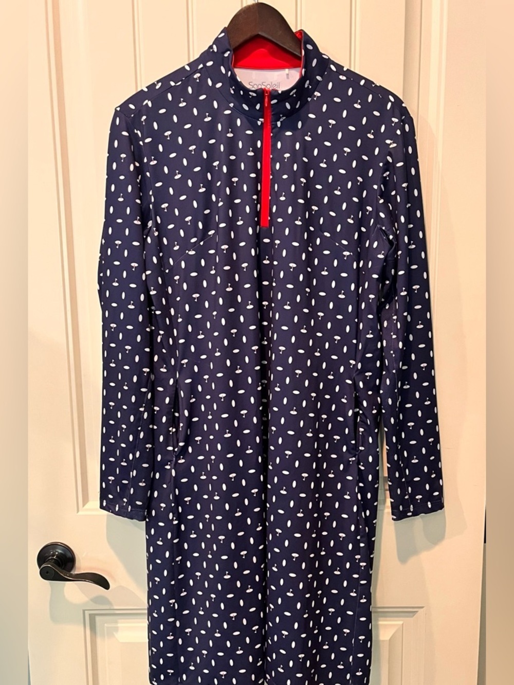 San Soleil Active Shift Dress XL Navy Golf Print 1/4 Zip Pullover Pockets Chic